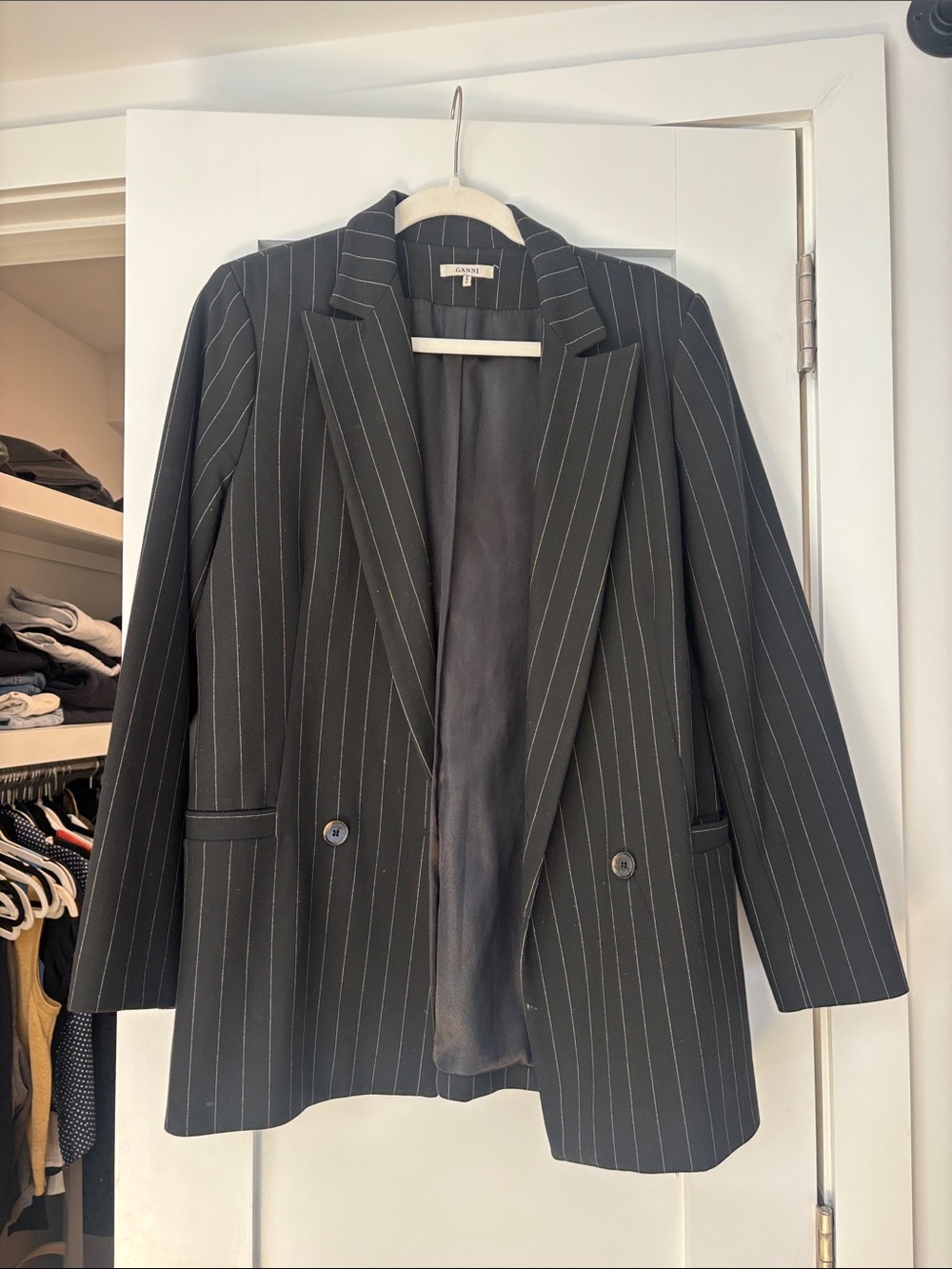 Ganni Vintage Black Pinstripe Double-Button Blazer
